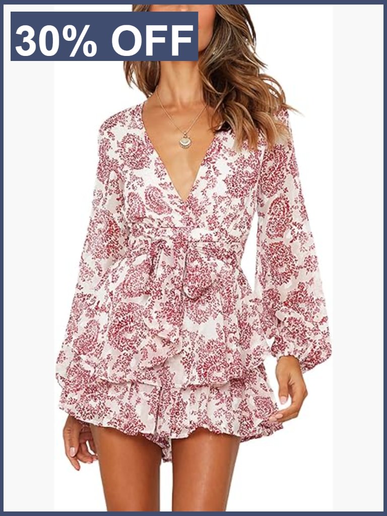 Women's Floral Print Romper With Ruffle Hem And Waist Tie